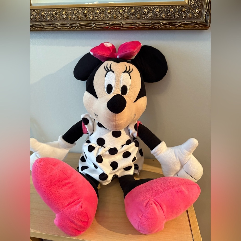 Disney Minnie Mouse 20 Inch Plush Doll Toy Black & White Polka Dots w/ Pink Bow - Picture 3 of 6